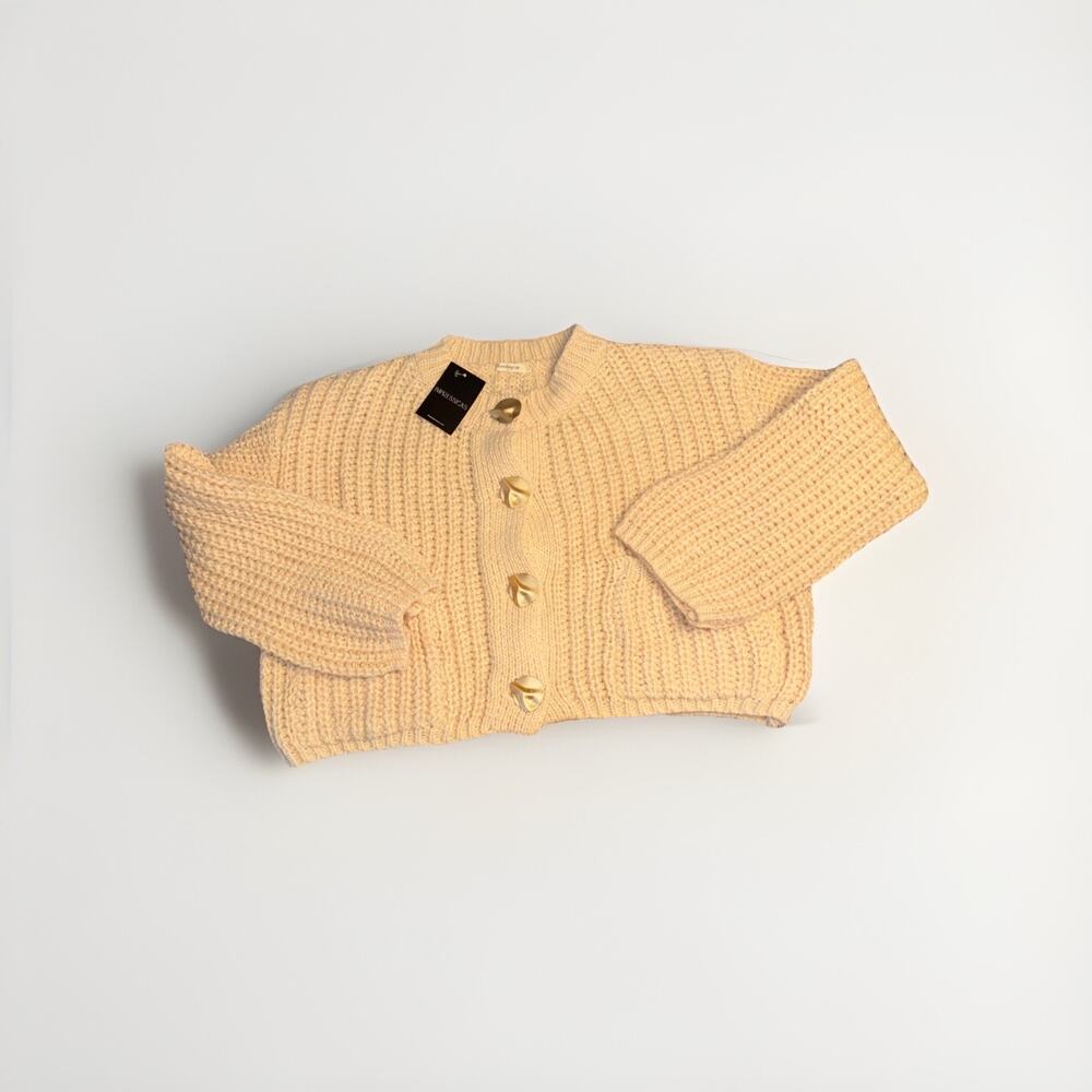 Chunky Knit Cream Color Cropped Gold Button Down Sweater Size Small